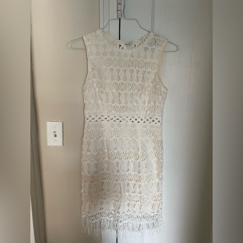 White Lace Mini Dress with Fringe